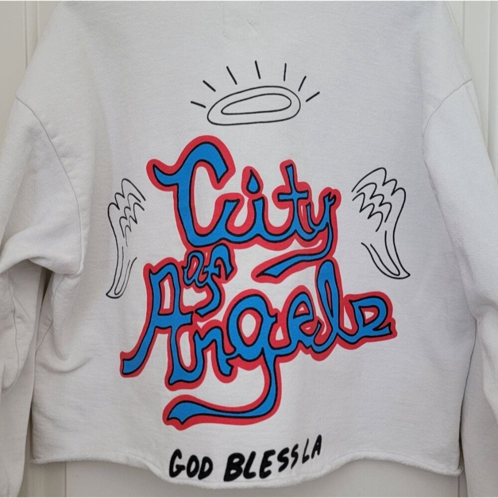 Welcome To Los Angeles Graphic White Cropped Crew Neck Sweatshirt Women's Sz L - Picture 4 of 7